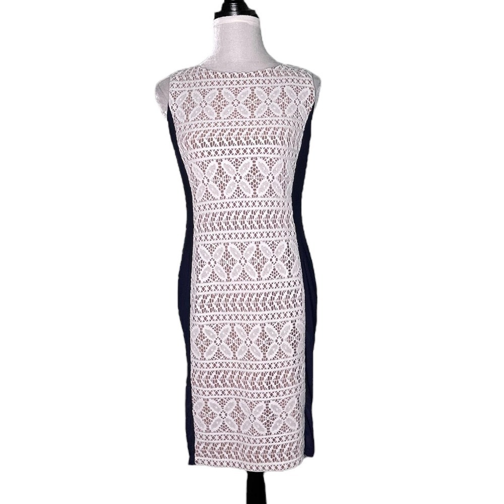 Anne Klein Lace Colorblock Sheath Dress Navy White Size 6